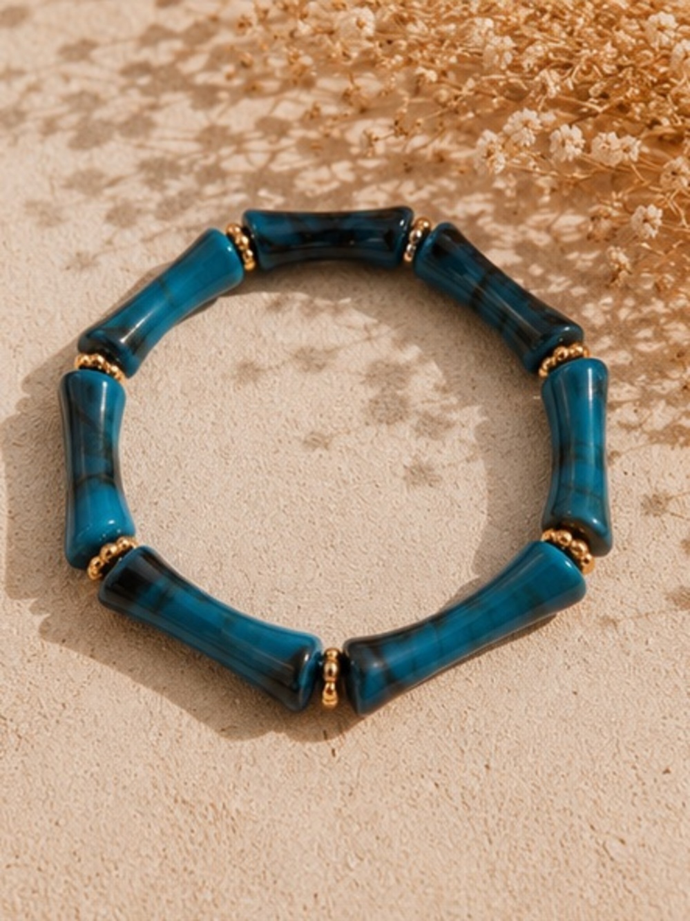 🌊Lagoon Turquoise Bamboo Tube Stretch Bracelet Gold Accent Boho Bracelet